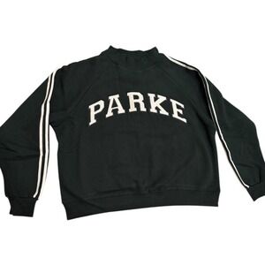 NWT Parke Sport Stripe Mockneck Forest Green Varsity Logo Sweatshirt L XL